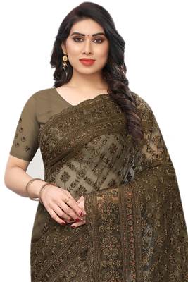 Mehendi embroidered net saree with blouse 3