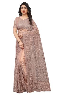 Beige embroidered net saree with blouse 1