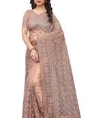Beige embroidered net saree with blouse