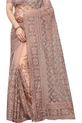 Beige embroidered net saree with blouse 2