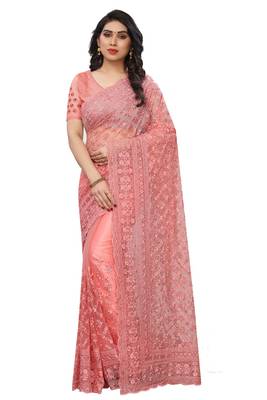 Peach embroidered net saree with blouse 1