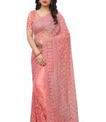 Peach embroidered net saree with blouse