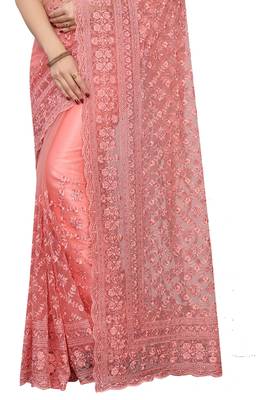 Peach embroidered net saree with blouse 2