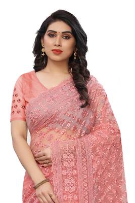 Peach embroidered net saree with blouse 3