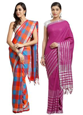 Multicolor woven blended cotton saree with blouse 1