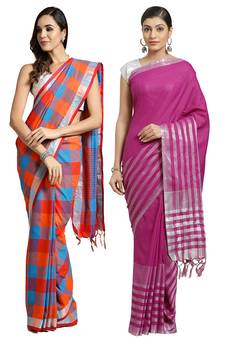 Multicolor woven blended cotton saree with blouse