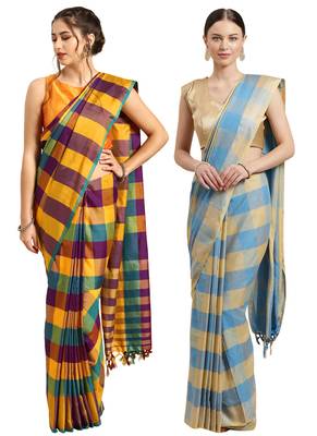 Multicolor woven blended cotton saree with blouse 1