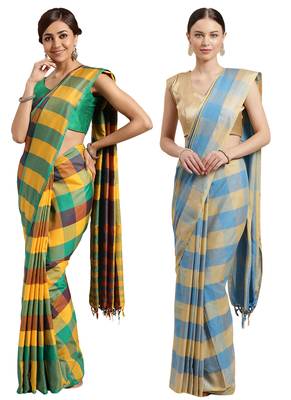 Multicolor woven blended cotton saree with blouse 1