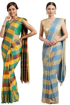 Multicolor woven blended cotton saree with blouse