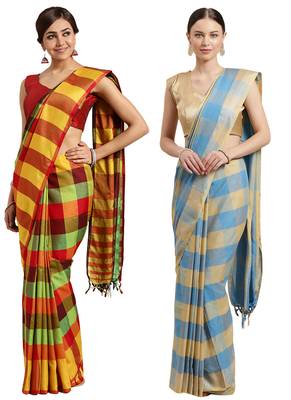 Multicolor woven blended cotton saree with blouse 1