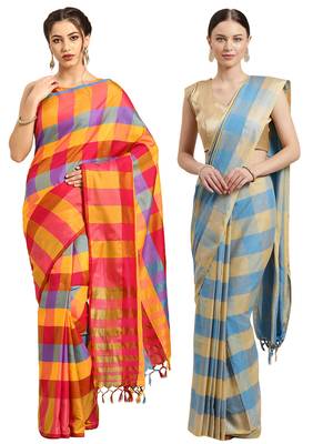 Multicolor woven blended cotton saree with blouse 1