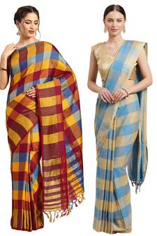 Multicolor woven blended cotton saree with blouse