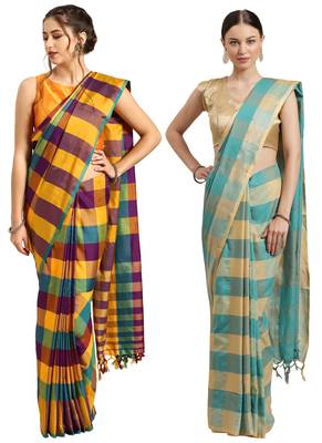Multicolor woven blended cotton saree with blouse 1