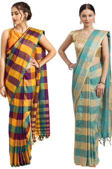 Multicolor woven blended cotton saree with blouse
