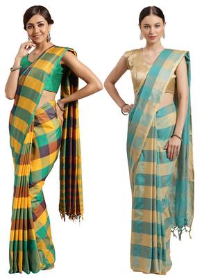 Multicolor woven blended cotton saree with blouse 1