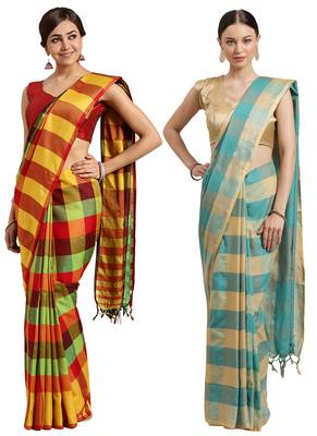 Multicolor woven blended cotton saree with blouse 1