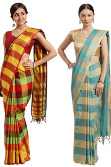 Multicolor woven blended cotton saree with blouse