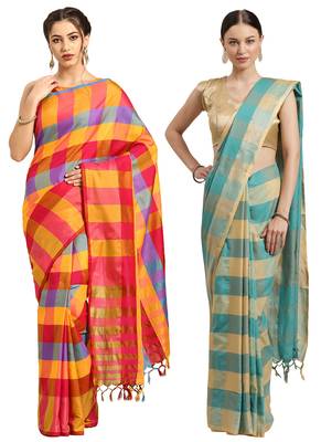 Multicolor woven blended cotton saree with blouse 1