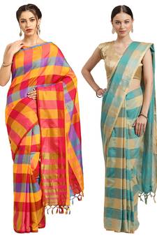Multicolor woven blended cotton saree with blouse