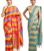 Multicolor woven blended cotton saree with blouse