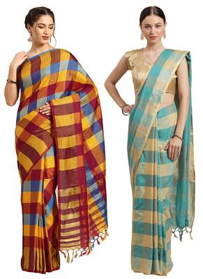 Multicolor woven blended cotton saree with blouse 1