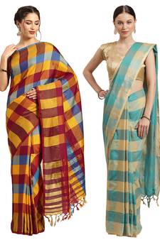Multicolor woven blended cotton saree with blouse