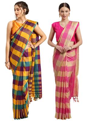 Multicolor woven blended cotton saree with blouse 1