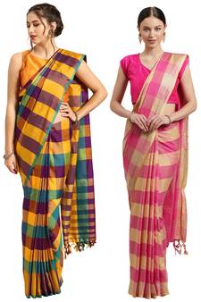 Multicolor woven blended cotton saree with blouse