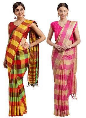 Multicolor woven blended cotton saree with blouse 1