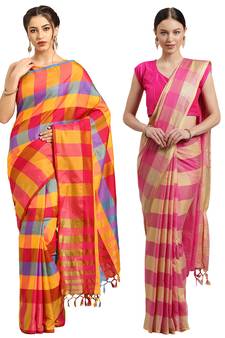 Multicolor woven blended cotton saree with blouse