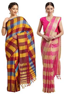 Multicolor woven blended cotton saree with blouse 1