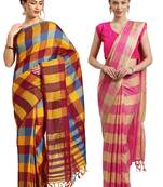 Multicolor woven blended cotton saree with blouse