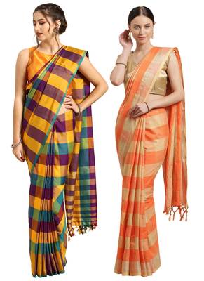 Multicolor woven blended cotton saree with blouse 1