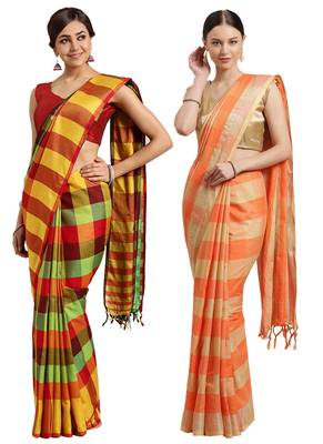 Multicolor woven blended cotton saree with blouse 1