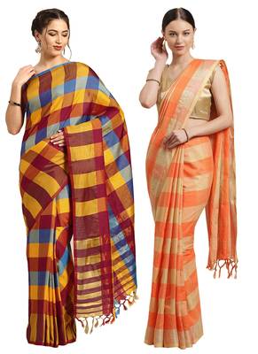 Multicolor woven blended cotton saree with blouse 1