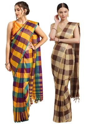 Multicolor woven blended cotton saree with blouse 1