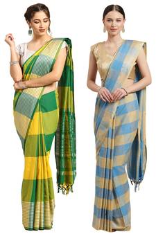 Multicolor woven blended cotton saree with blouse