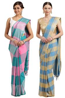 Multicolor woven blended cotton saree with blouse