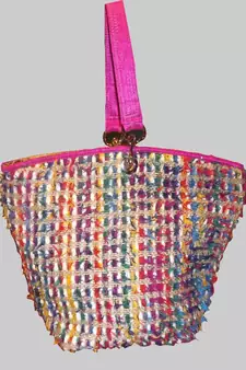 Pink Tote Enhanced With Multi Coloured Yarn