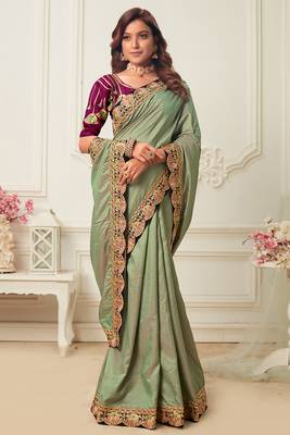Green embroidered silk blend saree with blouse 2