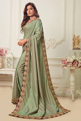 Green embroidered silk blend saree with blouse 3