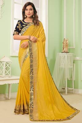 Yellow embroidered silk blend saree with blouse 1