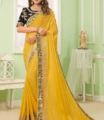 Yellow embroidered silk blend saree with blouse