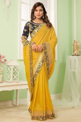 Yellow embroidered silk blend saree with blouse 2