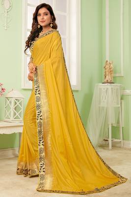 Yellow embroidered silk blend saree with blouse 3