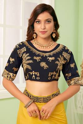 Yellow embroidered silk blend saree with blouse 5