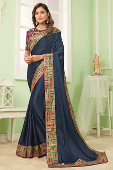Blue embroidered silk blend saree with blouse
