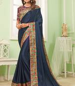 Blue embroidered silk blend saree with blouse