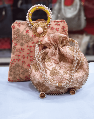 Light Pink Colored Sequin Worked Pearl Chained Potli Bag With Handbag 1