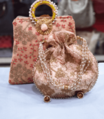 Light Pink Colored Sequin Worked Pearl Chained Potli Bag With Handbag